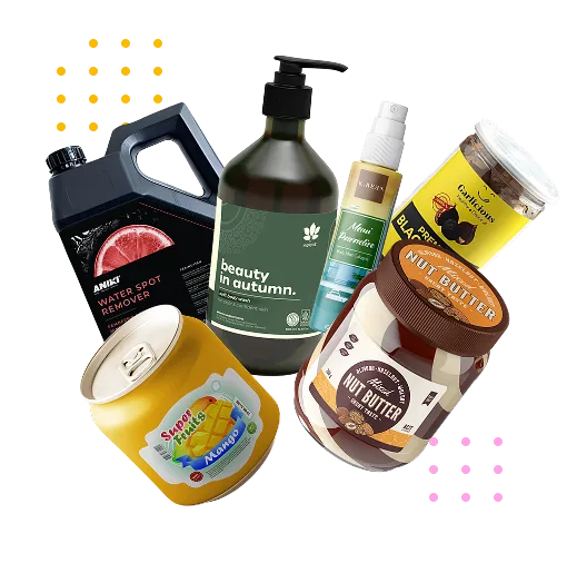 Produk dengan sticker label FlexyLabel: botol, jerigen, toples dan kaleng