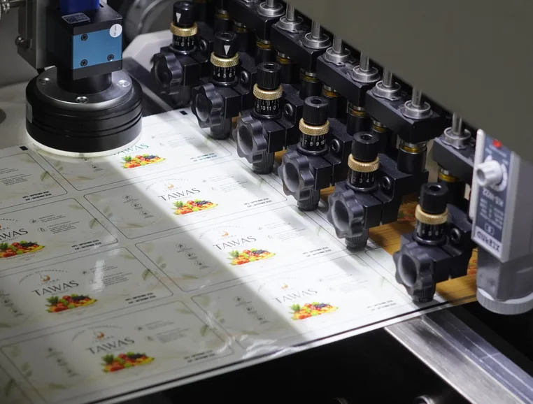 Mesin pemotong membentuk sticker label di atas gulungan