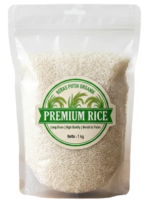 Kemasan beras premium dengan label