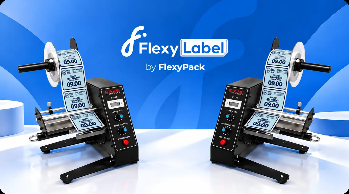 Dua Label Dispenser Machine M-150 dengan gulungan sticker label MBG